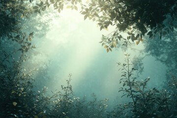 Obraz premium Early morning light filters through trees, illuminating a serene forest with misty atmosphere
