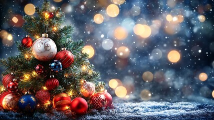 Christmas Tree With many colorful ornaments, Baubles And Blurred Shiny Lights flyer. The tree is lit up and surrounded by snow. Mockup template for a Christmas advertising card, web poster, flyer.