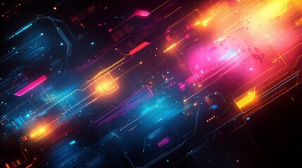 Fototapeta premium Abstract glowing digital background with vibrant neon shapes and patterns, shining futuristic lights in a technological style, deep space atmosphere new beautiful stock image illustration AI