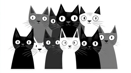   A group of black and white cats standing together against a white backdrop with a blue border