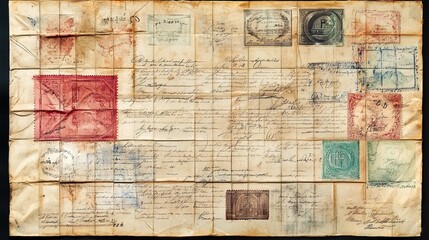 Fototapeta premium This vintage parchment features handwritten notes and old stamps