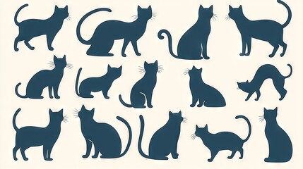   A group of cats sitting together on a sheet of paper with matching cat outlines