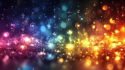Obraz premium Colorful water drops hanging on a sparkling surface with a blurred, colorful bokeh background
