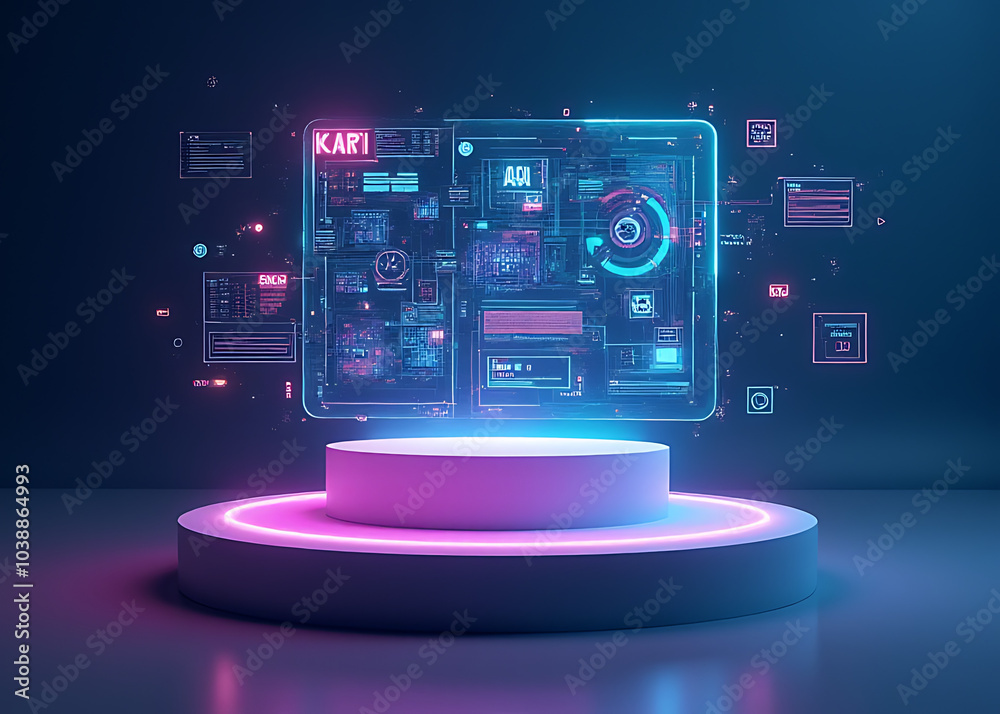 Poster Interactive floating podium for tech innovation ads features AI interface and skill building data visuals.