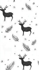 Obraz premium A monochromatic image featuring a deer with antlers on its back and snowflakes falling from the sky behind it