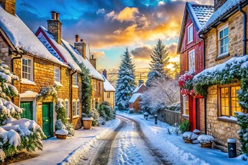 Fototapeta premium A tranquil village street blanketed in snow, cozy cottages adorned with twinkling lights, and gentle flurries create a picturesque winter wonderland perfect for the holidays.