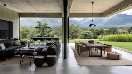 Fototapeta premium Open-plan living area with minimalistic furniture arrangement and large floor-to-ceiling windows flooding the space with natural light