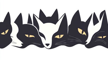 Obraz premium A group of cats with yellow eyes on a white background with a border of the same, depicted in black and white