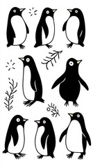 Obraz premium A group of penguins in snow, with one holding a leaf