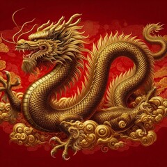 Obraz premium chinese style background illustration with golden dragon on red background