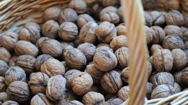 Pile of shelled walnuts in a large wicker basket slow motion