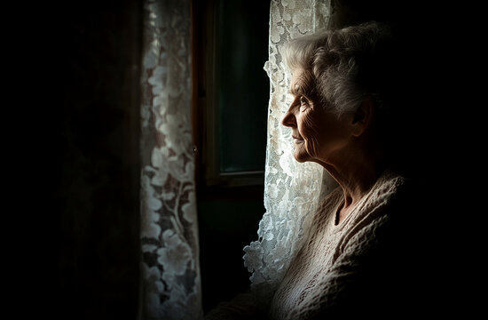 An elderly woman gazes out a window, illuminated by a soft light, creating a silhouette against a sheer curtain
- Powered by Adobe