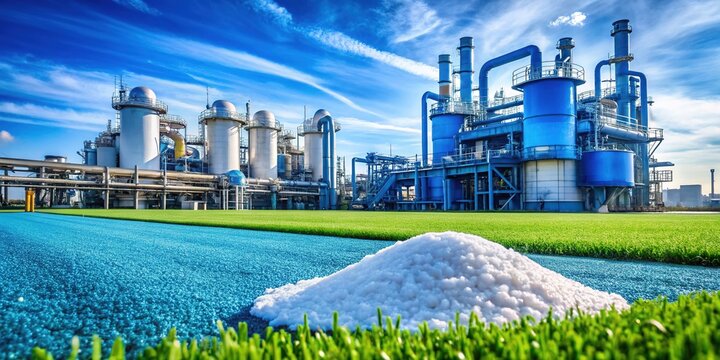 A vivid blue backdrop featuring urea fertilizer at a chemical plant beautifully embodies the essence of industrial agriculture and production's dynamic energy.