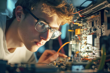Young man working on electronic components, carefully examining a circuit board
