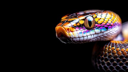 Obraz premium A close-up of a colorful snake's head against a black background with a black backdrop in the background