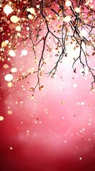 Fototapeta premium A close-up of a tree branch against a red sky with multiple lights in the background