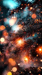 Fototapeta premium A pine tree branch in focus, with a softly blurred background of twinkling lights