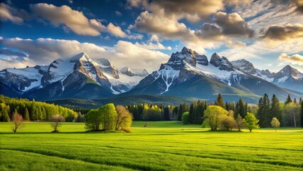 Obraz premium A green grass field with snowy mountains in the background 