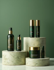Luxury cosmetics displayed on stone pedestals with green and gold graphics.