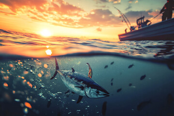 Fototapeta premium Underwater scene with fish swimming near the ocean surface, and a boat above the water at sunset 