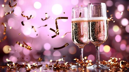  Two champagne flutes on a table surrounded by confetti and gold streamers in the background