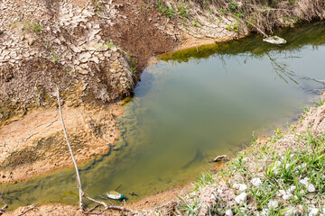 A dry ditch with dirty greenish water at the bottom