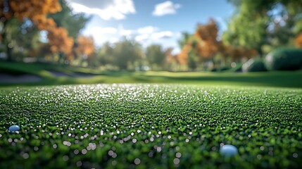 Naklejka premium Close up of green putting green with two golf balls on the green grass.