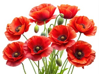 Obraz premium Bright red poppy flowers isolated against a white background, perfect for floral decorations and inspired nature designs that capture the essence of beauty and tranquility.