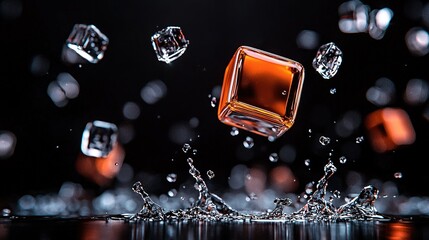   Cubes float in black-and-white water splash on air