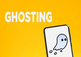 Smartphone showing ghosting message on yellow background