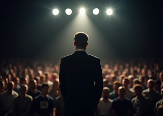 Fototapeta premium Man in suit speaks loudly to large audience under bright lights in darkened hall with spotlit figure at center stage.