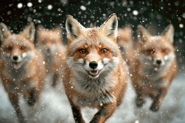 Obraz premium Playful red foxes frolic in a winter wonderland