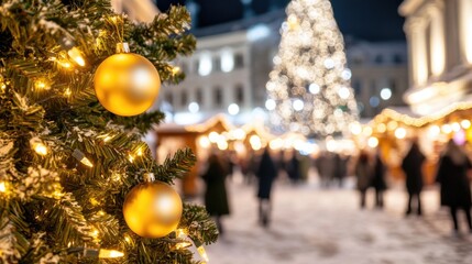 Festive christmas market with illuminated tree and golden ornaments