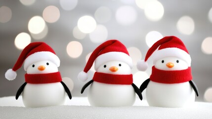 Fototapeta premium Festive penguins in santa hats with bokeh lights background