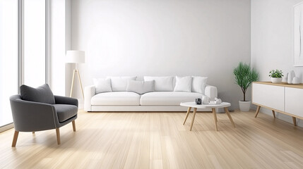 Scandinavian-style open-plan space with white walls, minimalist decor, and sleek light wood flooring