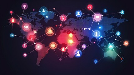 Global Network of Interconnected Icons on a Digital World Map