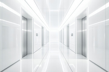 Fototapeta premium Bright futuristic hallway with glowing white lights and modern elevator doors 