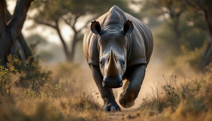 Le rhinocéros avance méthodiquement, traçant sa route avec sérénité, ses cornes pointées vers le ciel sans nuage.