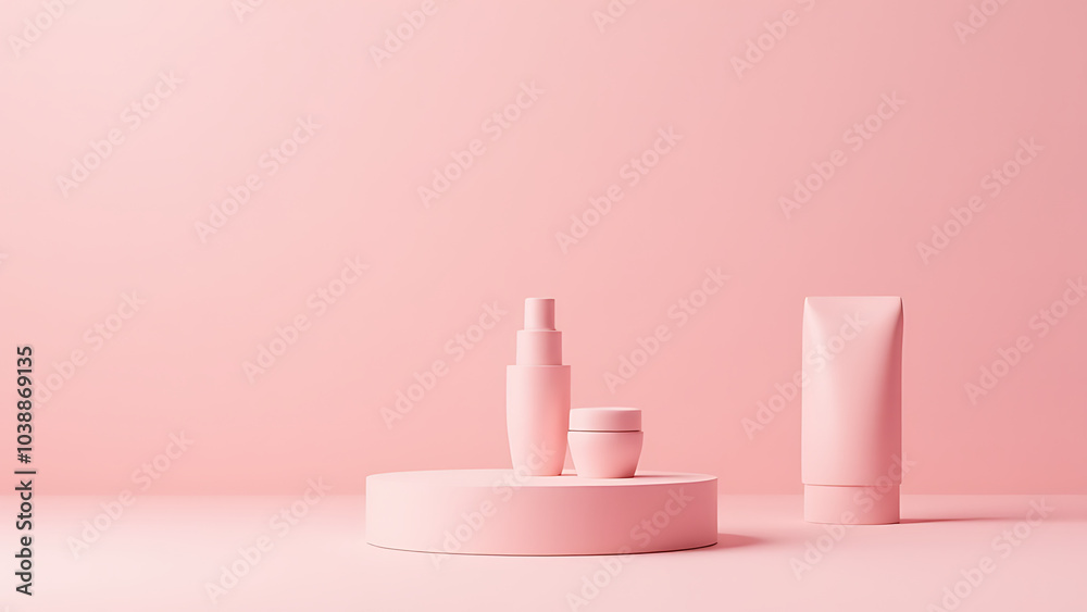 Poster minimalist 3d scene features a pink cylindrical podium for showcasing products like packaging or cos
