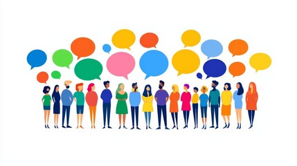 Diverse group of people engaged in conversation with colorful speech bubbles representing communication and ideas.