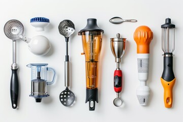 Multi-function hand blender with various attachments isolated on white background