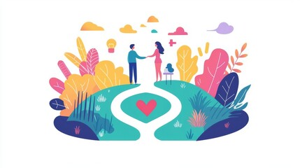 A romantic couple holding hands in a vibrant, colorful landscape, symbolizing love and togetherness amid nature.