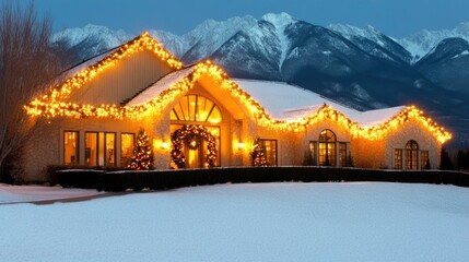 Festive mountain retreat: luxury home illuminated with elegant holiday lights in snowy landscape