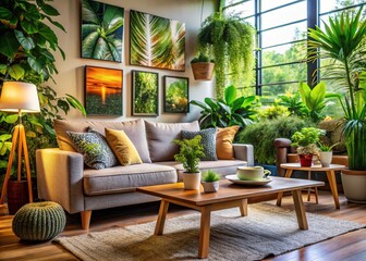 Fototapeta premium Create a tranquil indoor retreat with vibrant plants, a plush couch, a welcoming coffee table, and a chic chair for the perfect relaxation experience.