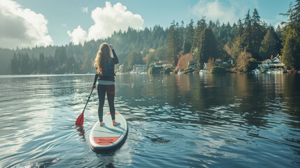 Young woman paddle boarding on a lake.