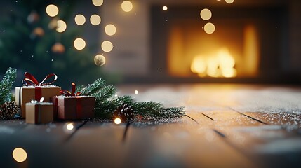   A Christmas scene with a fireplace and a tree behind a pile of presents on a wooden floor