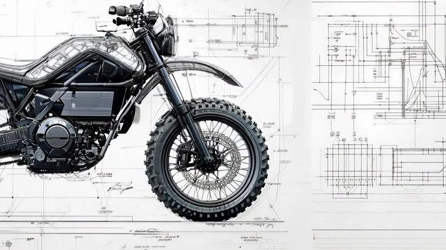 Motorbike standing in front of technical drawings, showcasing engineering, design, and innovation in the automotive industry.
