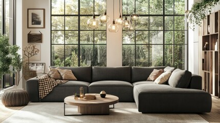 Fototapeta premium A cozy living room with a sectional sofa, coffee table, and large windows showcasing greenery.