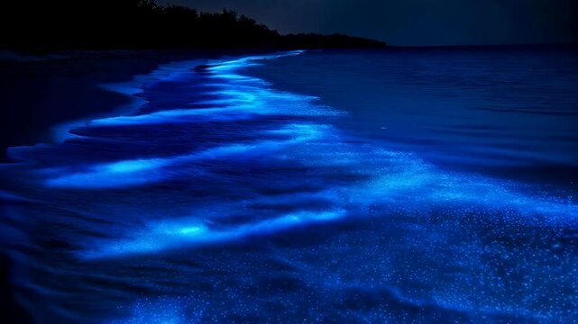 Bioluminescent glowing beach and sea at night. Illumination of plankton at Maldives. Romantic and beautiful landscape. Tropical paradise background. Travel and vacation concept