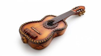 Handcrafted wooden charango on a white background.